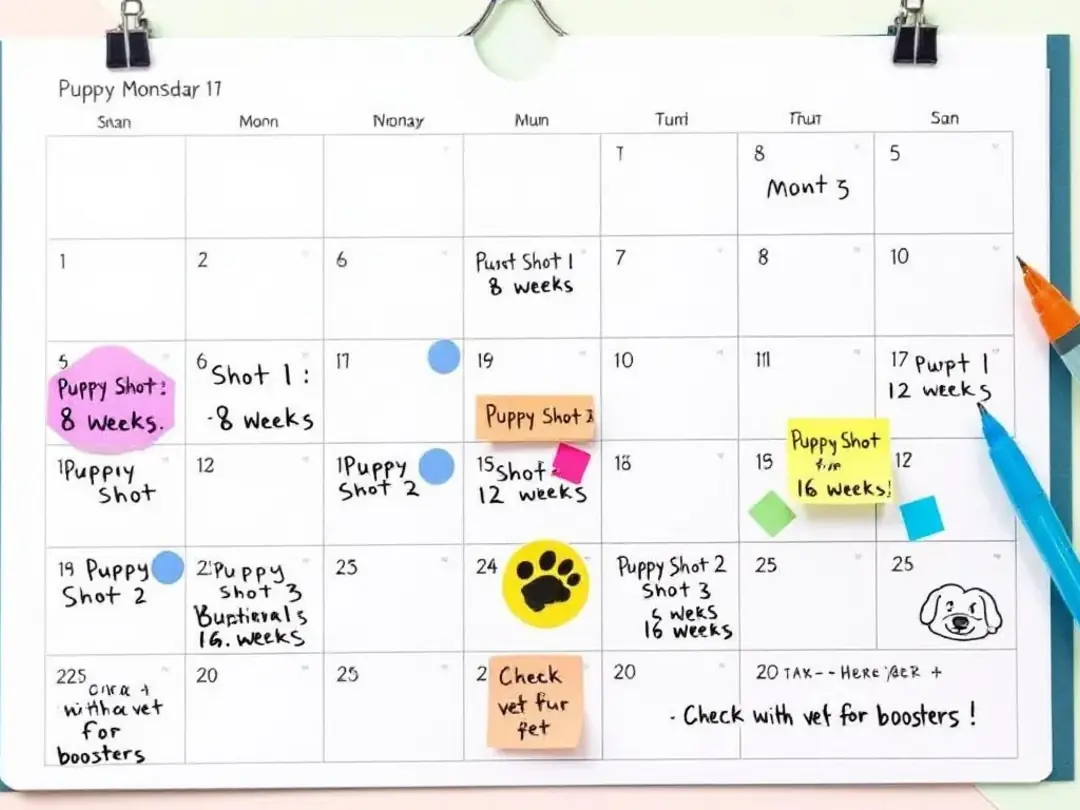 The image depicts a calendar with specific dates marked for a puppy's vaccination appointments, including important...