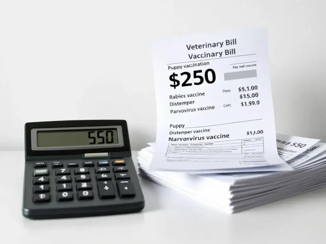 The image shows a calculator alongside veterinary bills that detail the costs of puppy vaccinations, including...