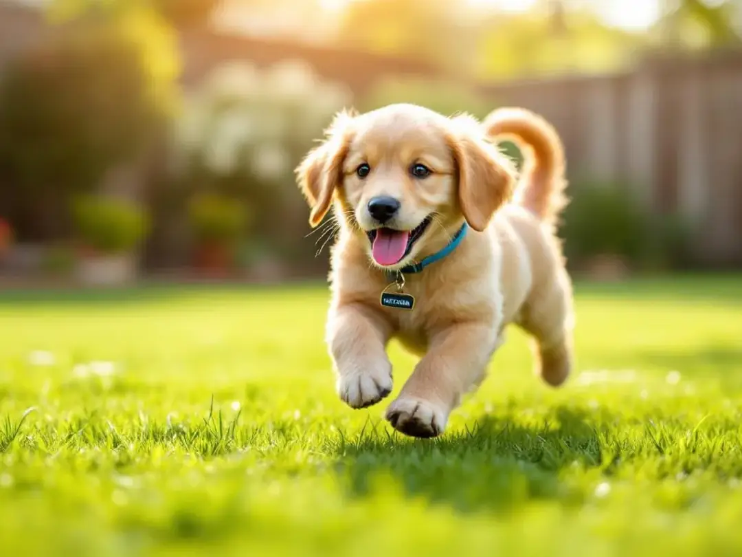 A joyful, healthy puppy is playing in a lush yard, showcasing the benefits of proper puppy vaccinations, including core...