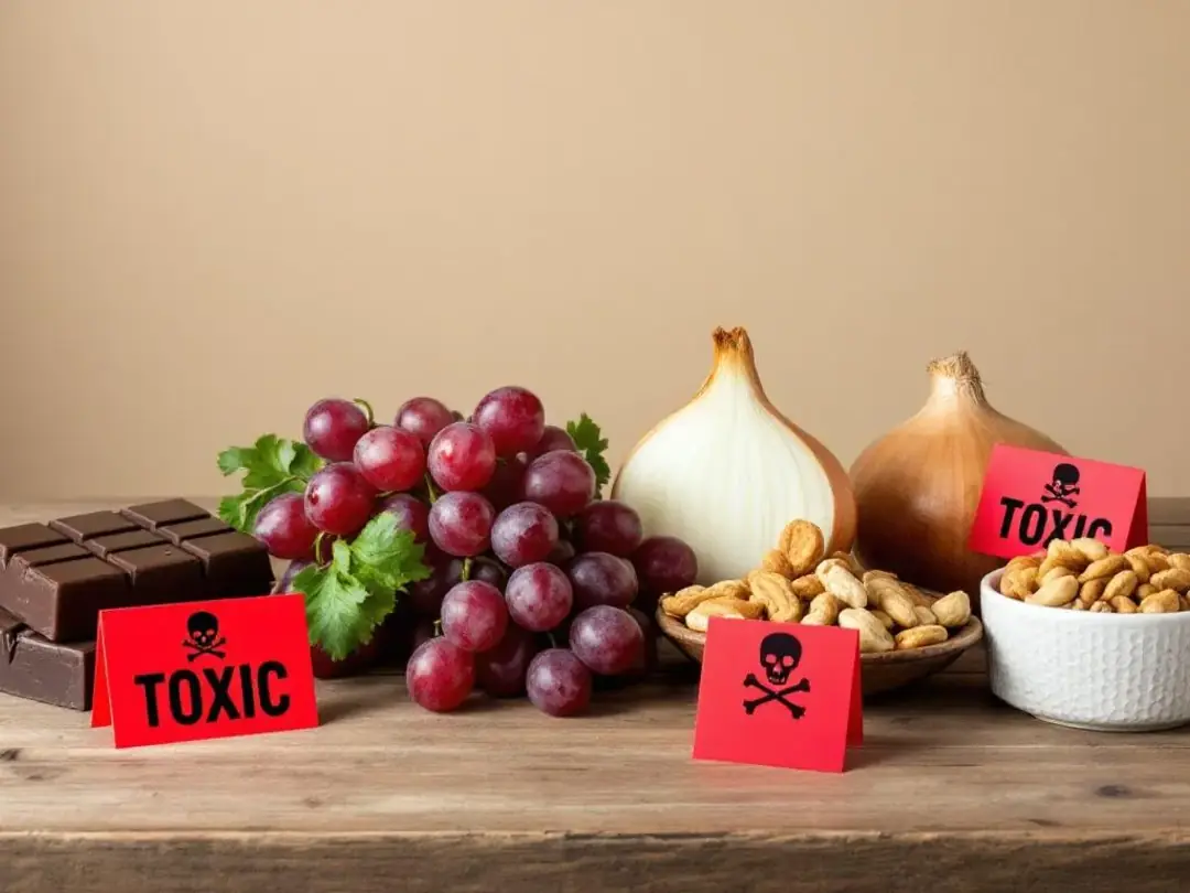The image depicts a variety of toxic foods that dogs should not eat, including chocolate, grapes, onions, and nuts, all...