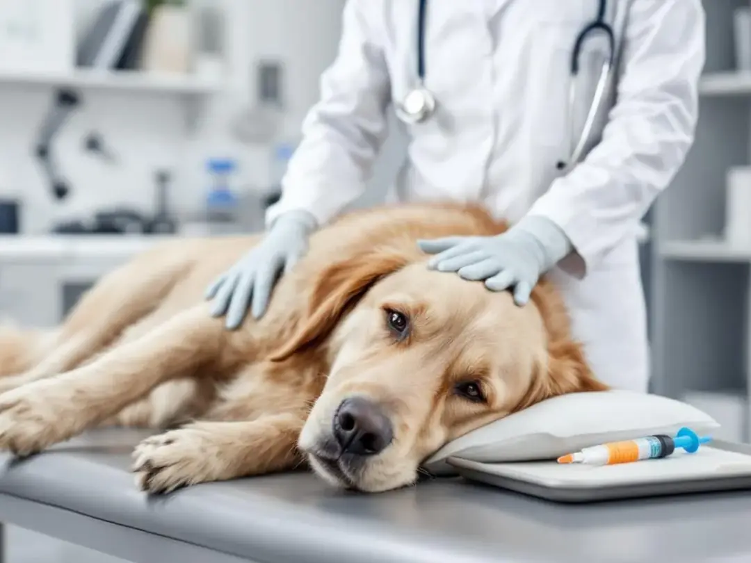 A veterinarian is examining a dog to emphasize the critical need for professional care when a dog ingests toxic foods...