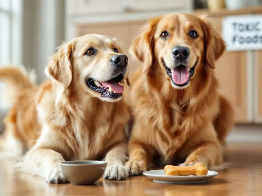 A joyful dog happily munches on safe, dog-approved treats while a variety of toxic foods, such as dark chocolate and...