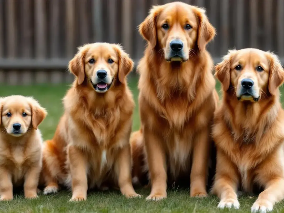 Four goldendoodles of varying sizes, from a petite mini goldendoodle to a larger standard goldendoodle, sit together...