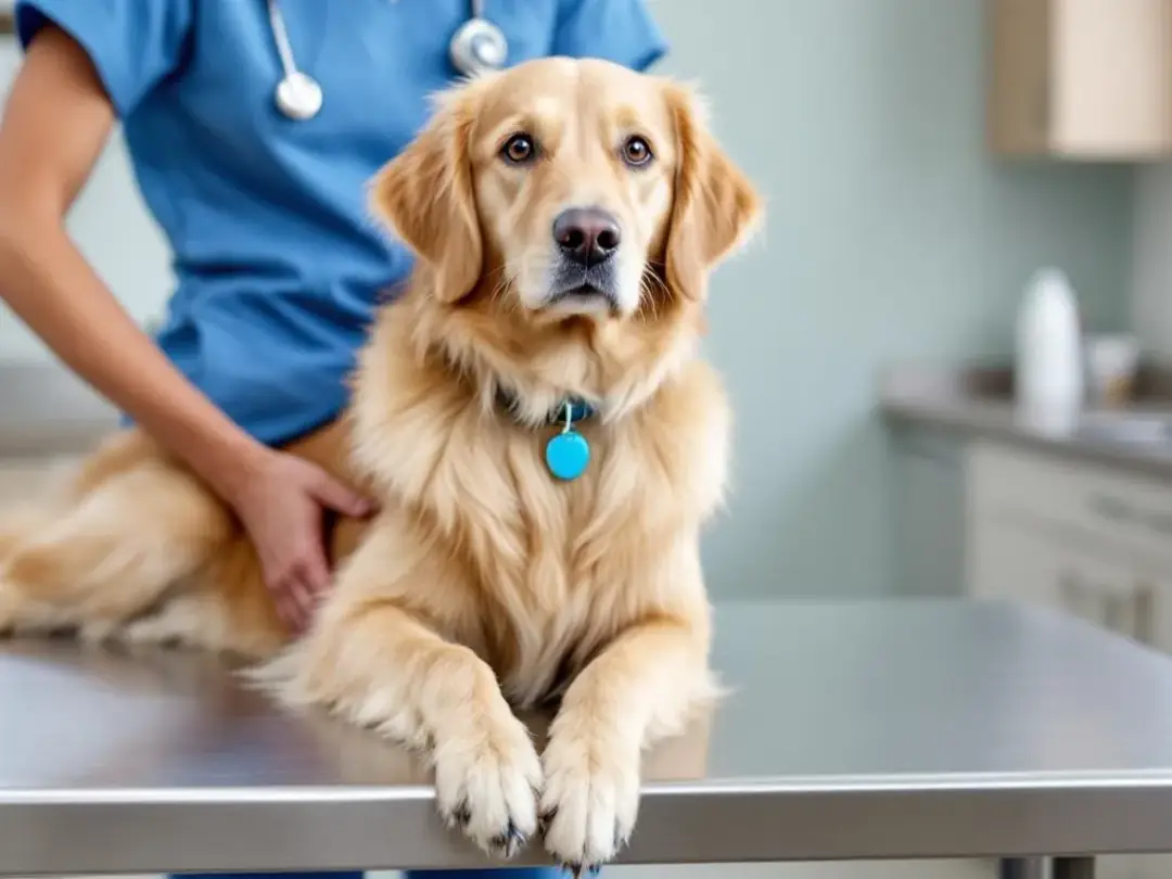 A goldendoodle is at a veterinary checkup, highlighting the importance of regular health care for this hybrid breed...