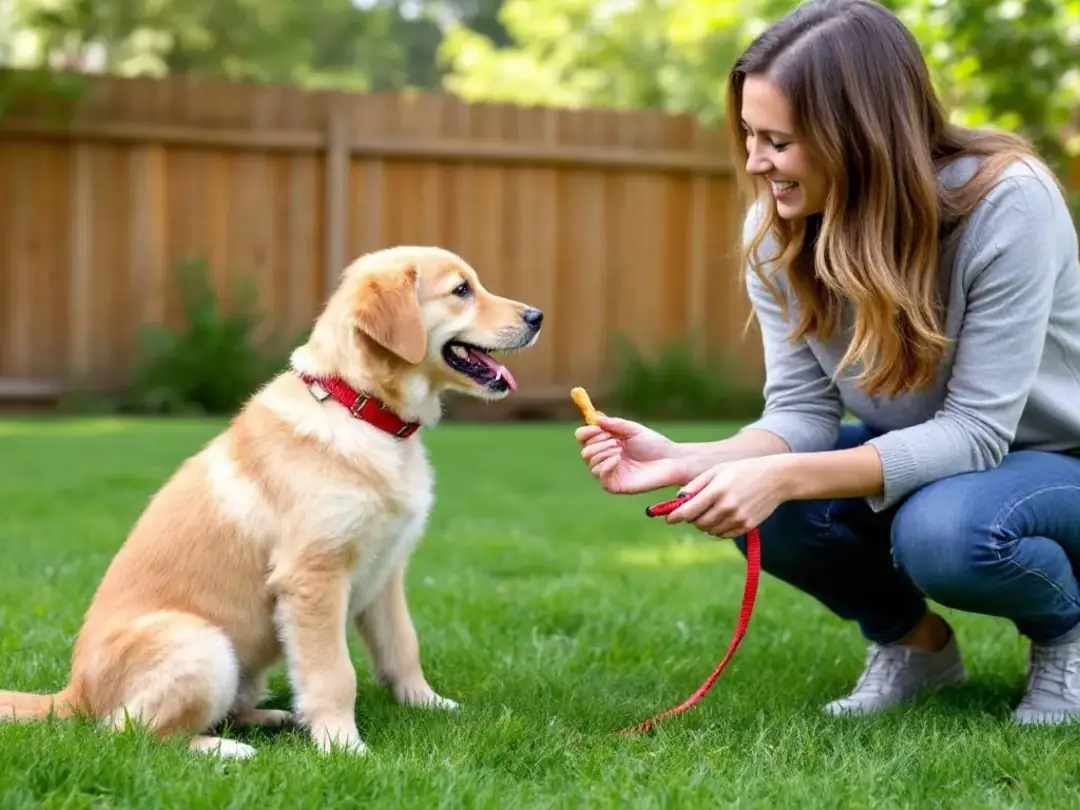 A goldendoodle puppy is engaged in a training session with its owner, who is using positive reinforcement techniques to...