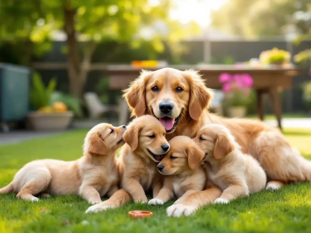 A joyful family of goldendoodles, including several playful goldendoodle puppies, is shown in a responsible breeding...