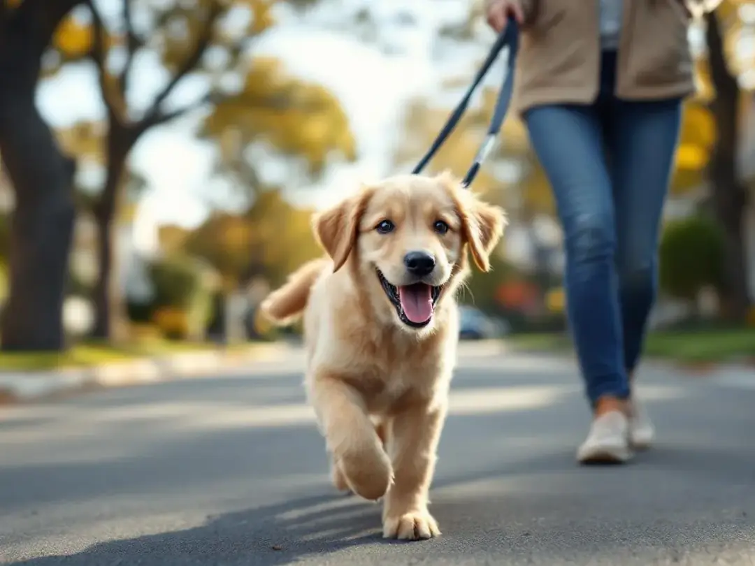 A joyful young puppy is walking on a leash alongside its owner on a peaceful residential street, showcasing the bond...