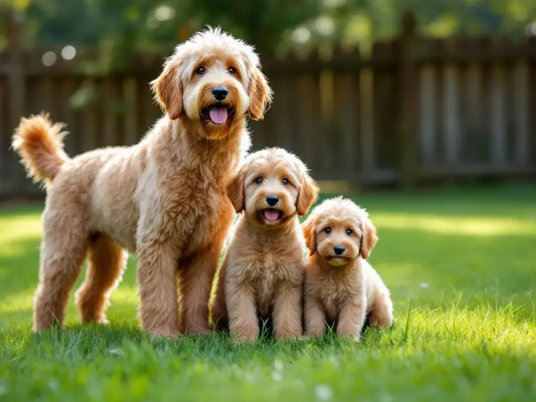 In the image, several adult goldendoodles of varying sizes stand side by side, showcasing a size comparison among...