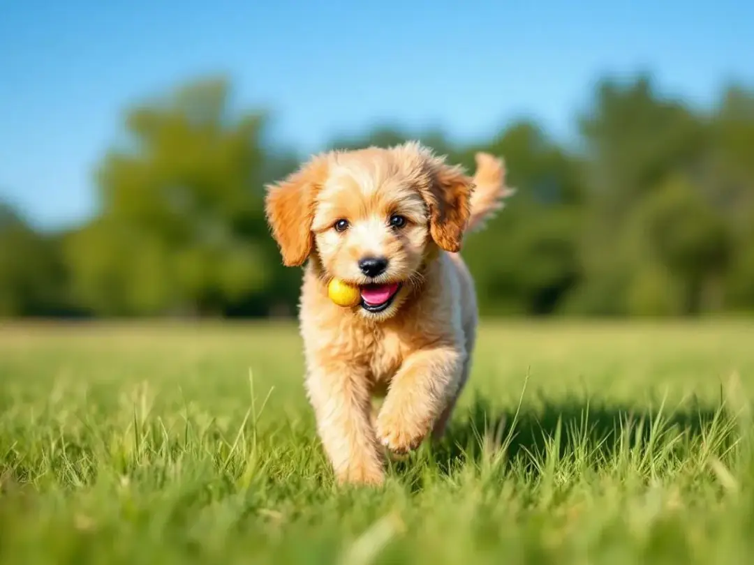 A goldendoodle puppy is being carefully measured for height and weight at a veterinary clinic, with a veterinarian...