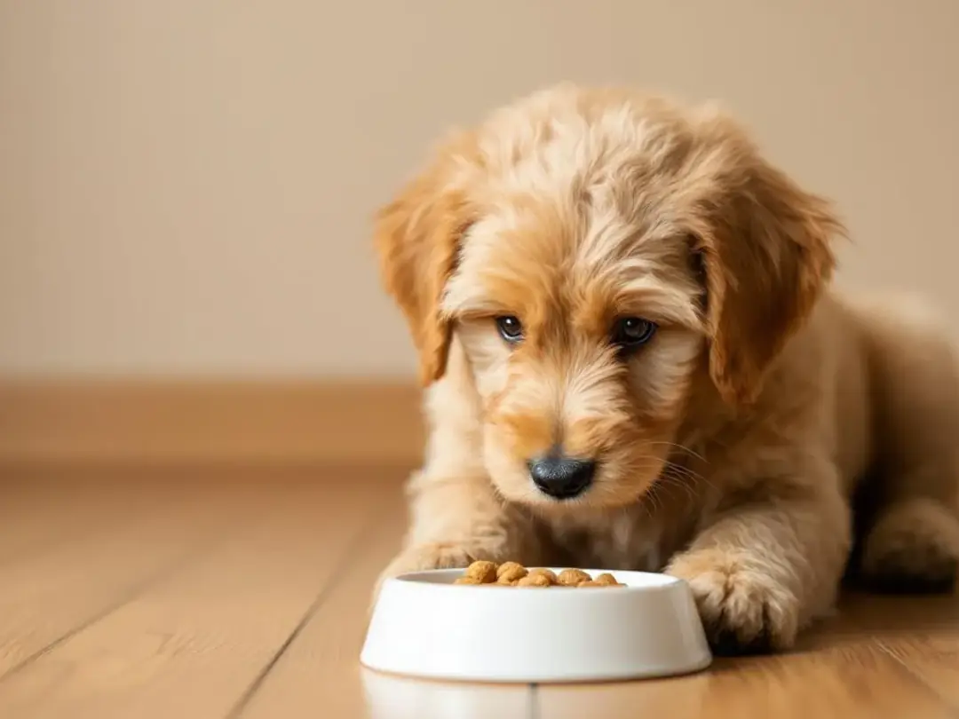An adult goldendoodle stands proudly, showcasing its well-proportioned body and healthy weight, indicative of proper...