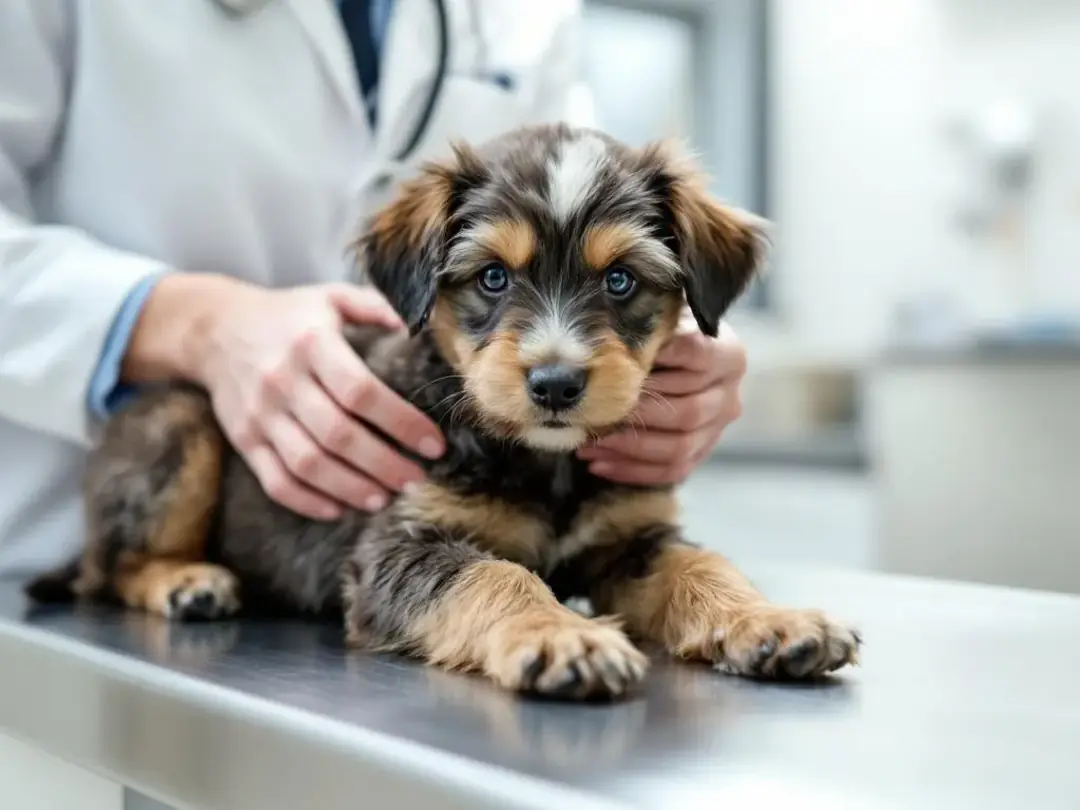 A veterinarian is carefully examining a mixed breed puppy during a routine check-up, ensuring the puppy's healthy...