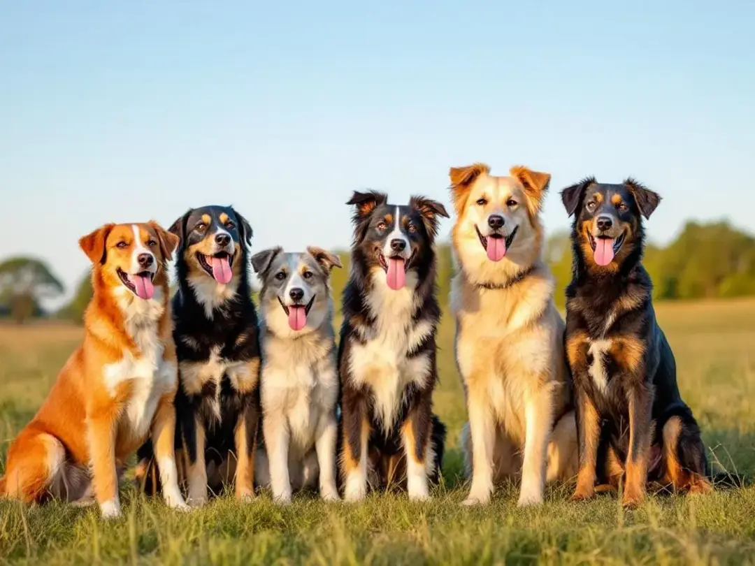 In the image, a group of adult mixed breed dogs of various sizes stands together, showcasing the diversity of dog...