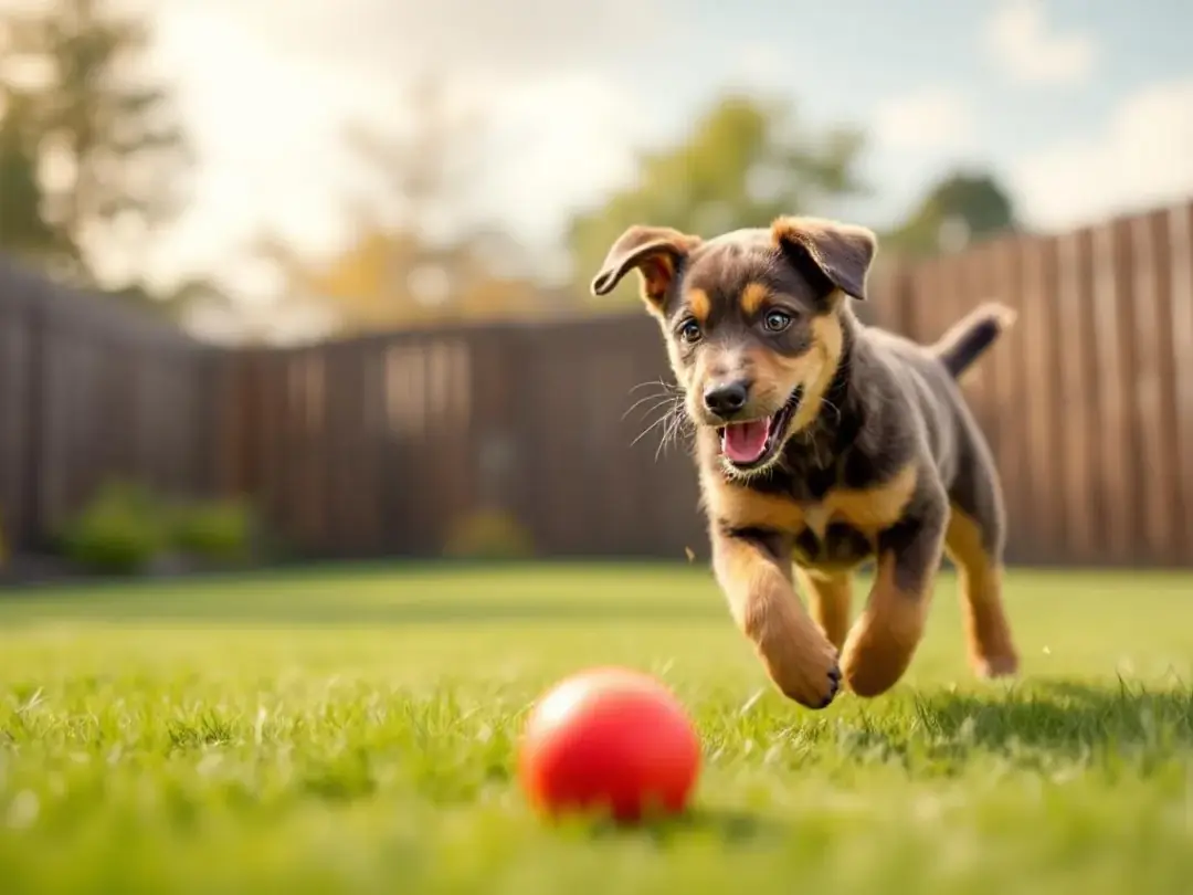 A playful mixed breed puppy is joyfully fetching a ball in a fenced yard, showcasing its energy and enthusiasm typical...
