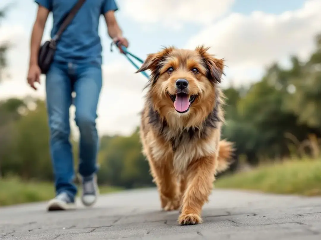 An adult mixed breed dog walks happily alongside its owner on a sunny day, showcasing the bond between pet parents and...