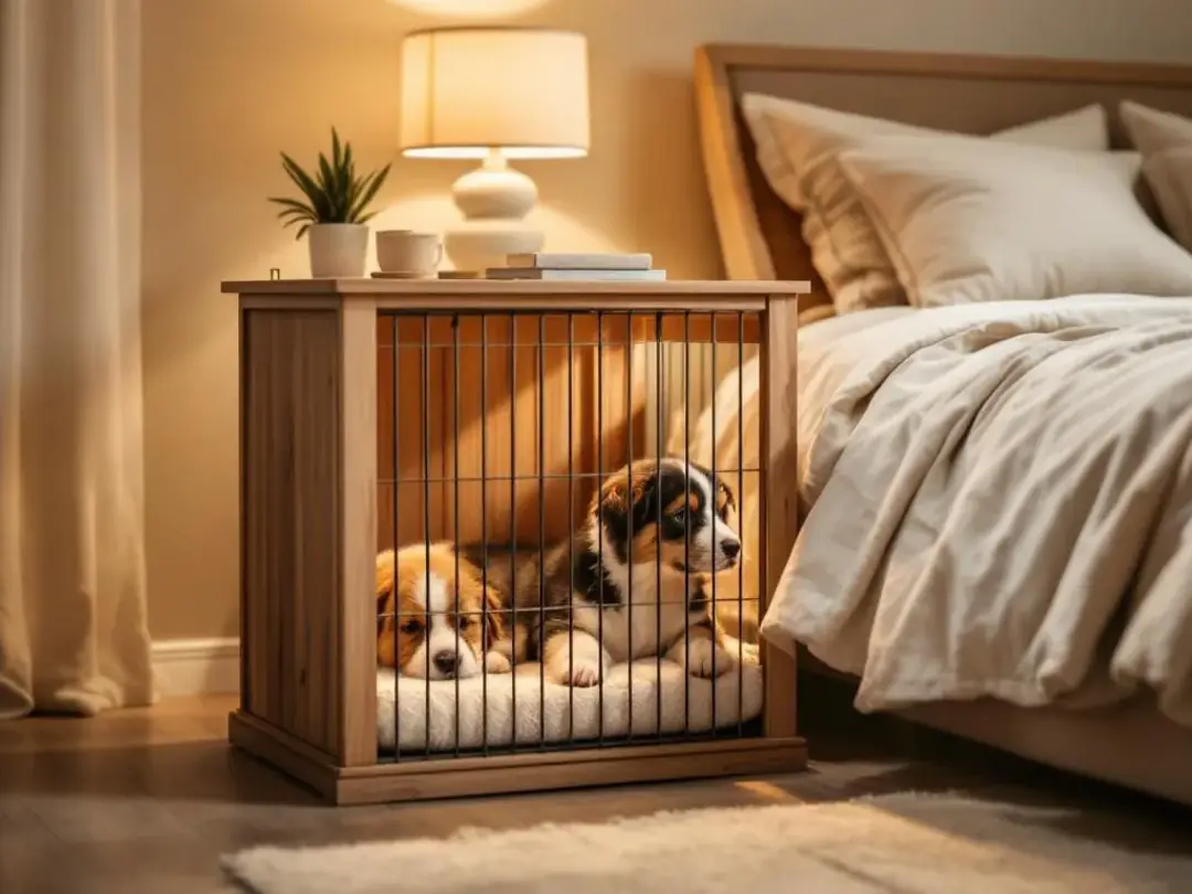 In a cozy bedroom, a puppy crate is positioned near a bed, illuminated by soft lighting, creating a warm and inviting...