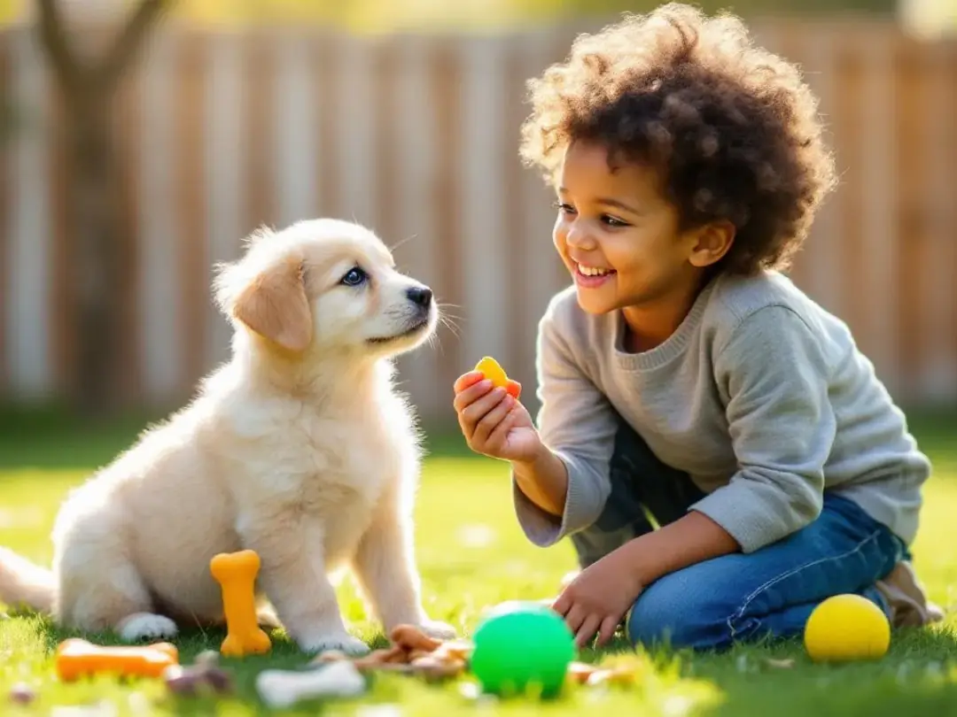 In the image, a dog owner is engaging with a playful puppy during a positive training session, using treats and a...