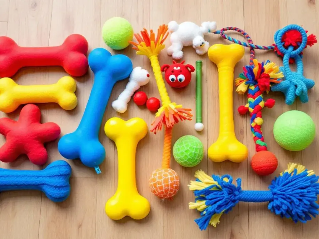 A variety of colorful puppy chew toys is arranged neatly on a wooden floor, showcasing different shapes and textures...
