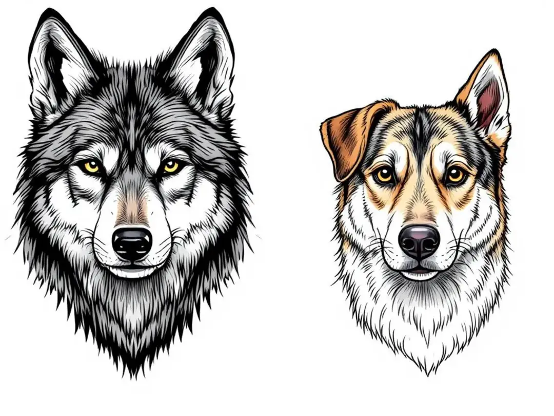 In this image, a side-by-side comparison illustrates the facial differences between a wolf and a domestic dog...