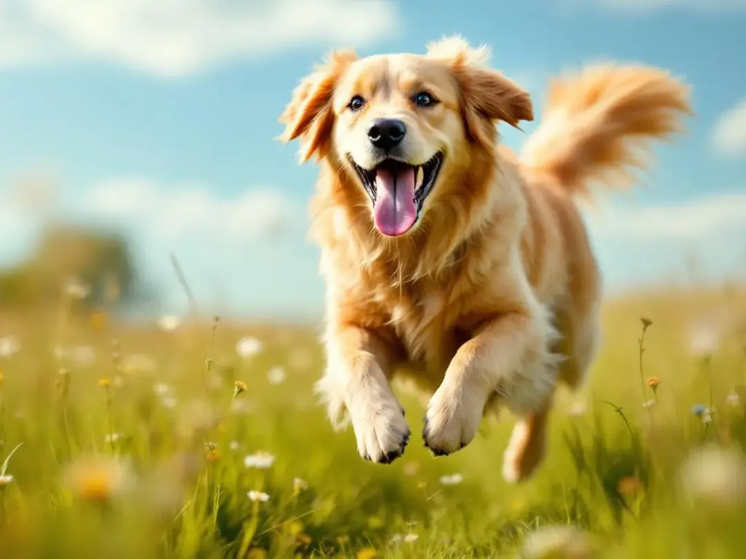 A happy dog with a wagging tail is joyfully playing in a grassy field, showcasing its playful behavior and adorable...