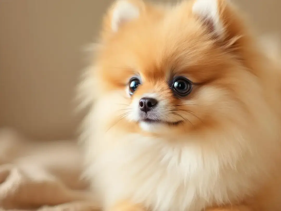 A fluffy Pomeranian puppy with a round face, large expressive eyes, and chubby cheeks is playfully engaging in a game...