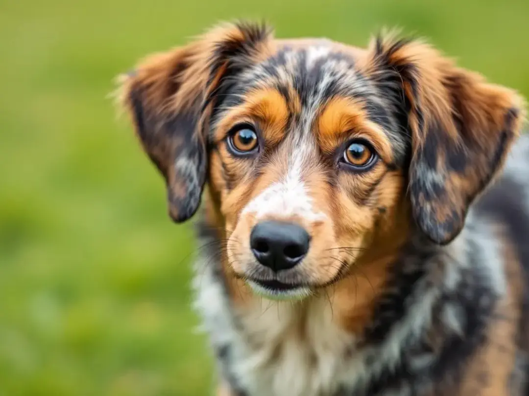 A mixed breed dog with a round face, large eyes, and floppy ears showcases its individual charm and appeal, embodying...