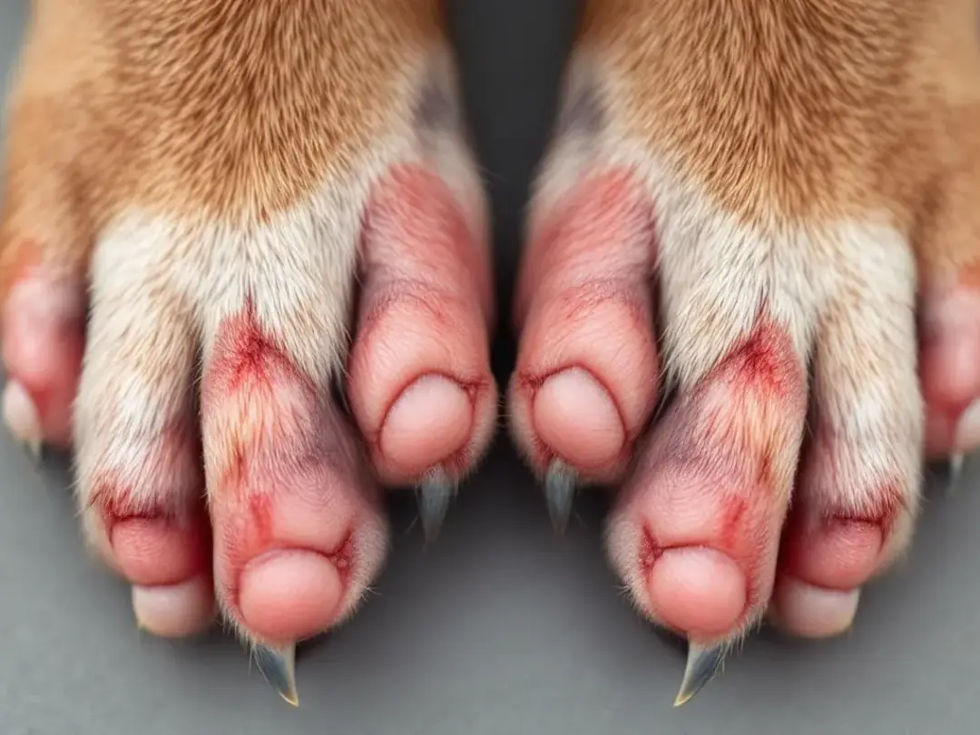 A dog owner is carefully inspecting their dog's paws during a regular check-up, ensuring they are clean and free from...
