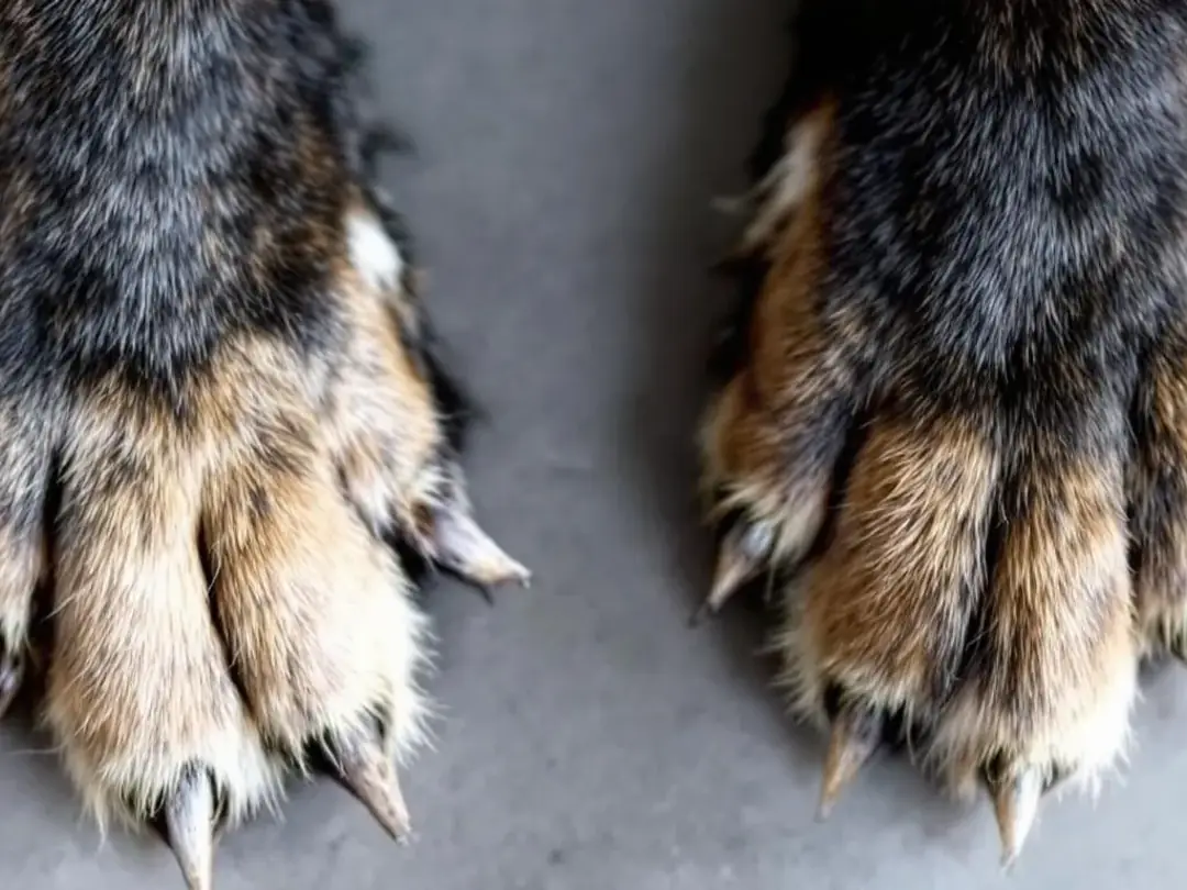 The image compares overgrown dog nails with properly trimmed nails, highlighting the difference in length and health...