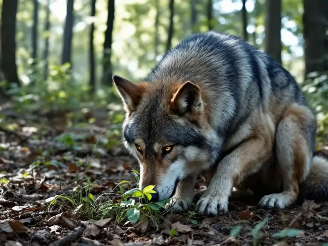 A wolf is seen in its natural habitat, curiously investigating and eating wild grasses, showcasing a common behavior...