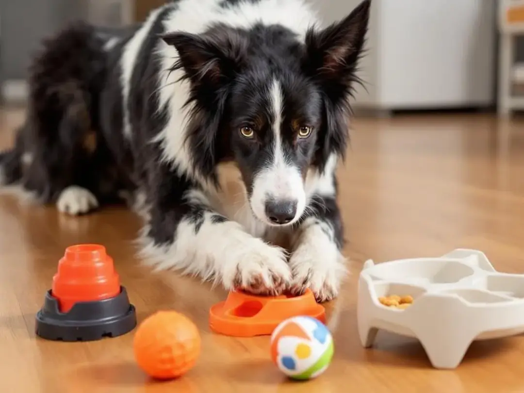 A playful border collie is engaging with colorful puzzle toys, showcasing its intelligence and enthusiasm for mental...