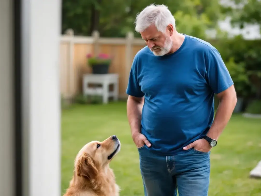 A concerned dog owner watches their furry friend in the backyard, observing the dog's grass eating behavior, which may...