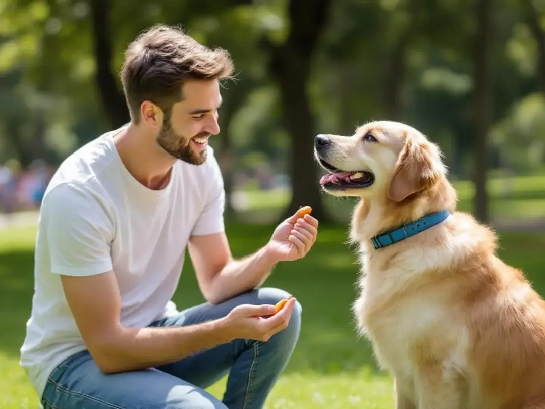 In the image, a dog owner is outdoors, successfully training their furry friend using positive reinforcement...