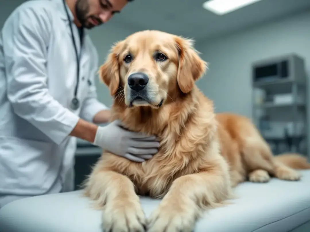 A golden retriever is being examined by a veterinarian in a clinical setting, with the vet checking the dog's overall...