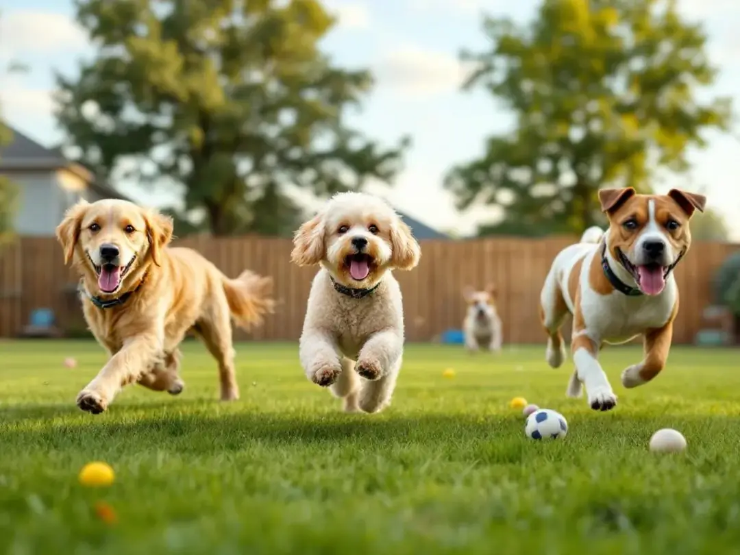 In a spacious backyard, several dogs of various breeds are joyfully playing together, showcasing their natural behavior...