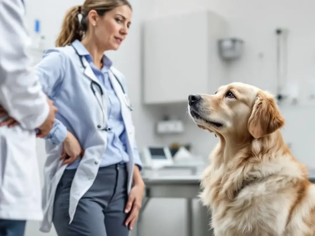 A concerned dog owner is discussing their pet's health with a veterinarian, while a friendly dog sits patiently nearby...
