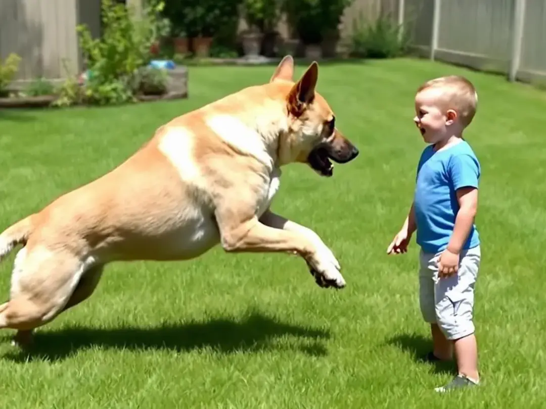 A large dog is jumping on a small child, raising safety concerns about the dog's jumping behavior and its potential...