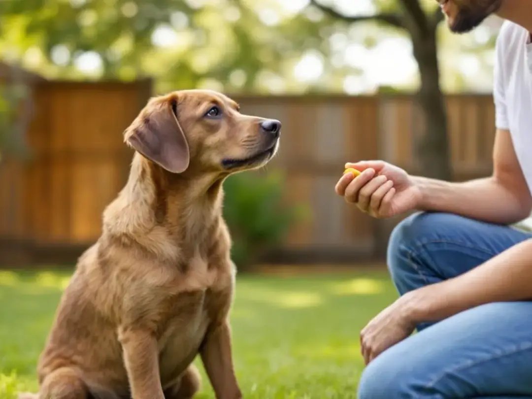 In this image, a dog sits calmly with four paws on the ground while a person approaches, holding treats, demonstrating...