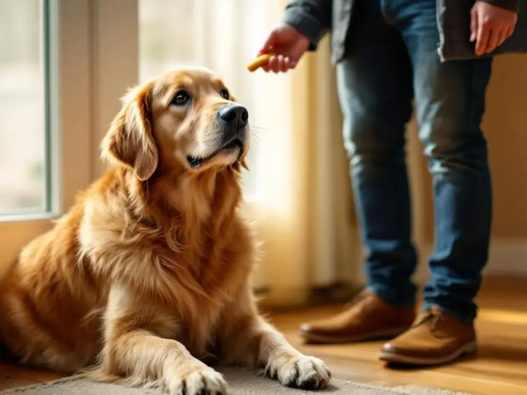 In the image, a calm dog is greeting a visitor with all four paws on the floor, while its owner rewards the dog's...