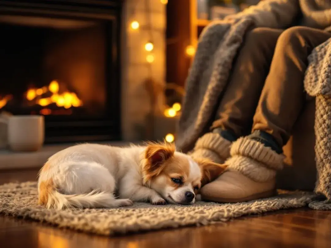 A small Chihuahua is curled up at their owner's feet, resting comfortably on a dog bed by the warm glow of a fireplace...