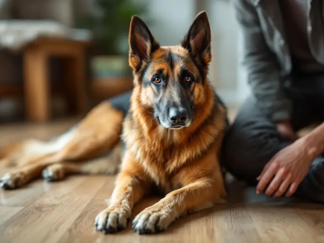 A German Shepherd is lying alertly at their owner's feet, showcasing a blend of protective and relaxed body language...