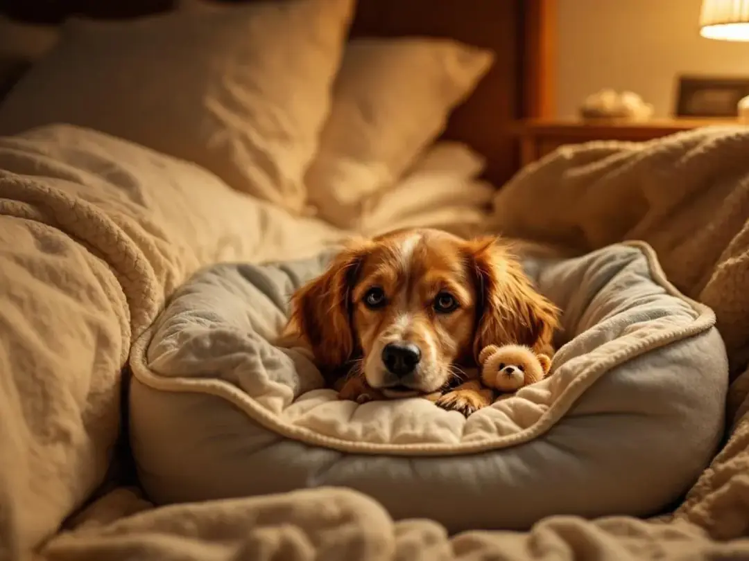 A cozy dog bed is set up next to a human bed, featuring soft blankets and a favorite toy, creating a warm and secure...