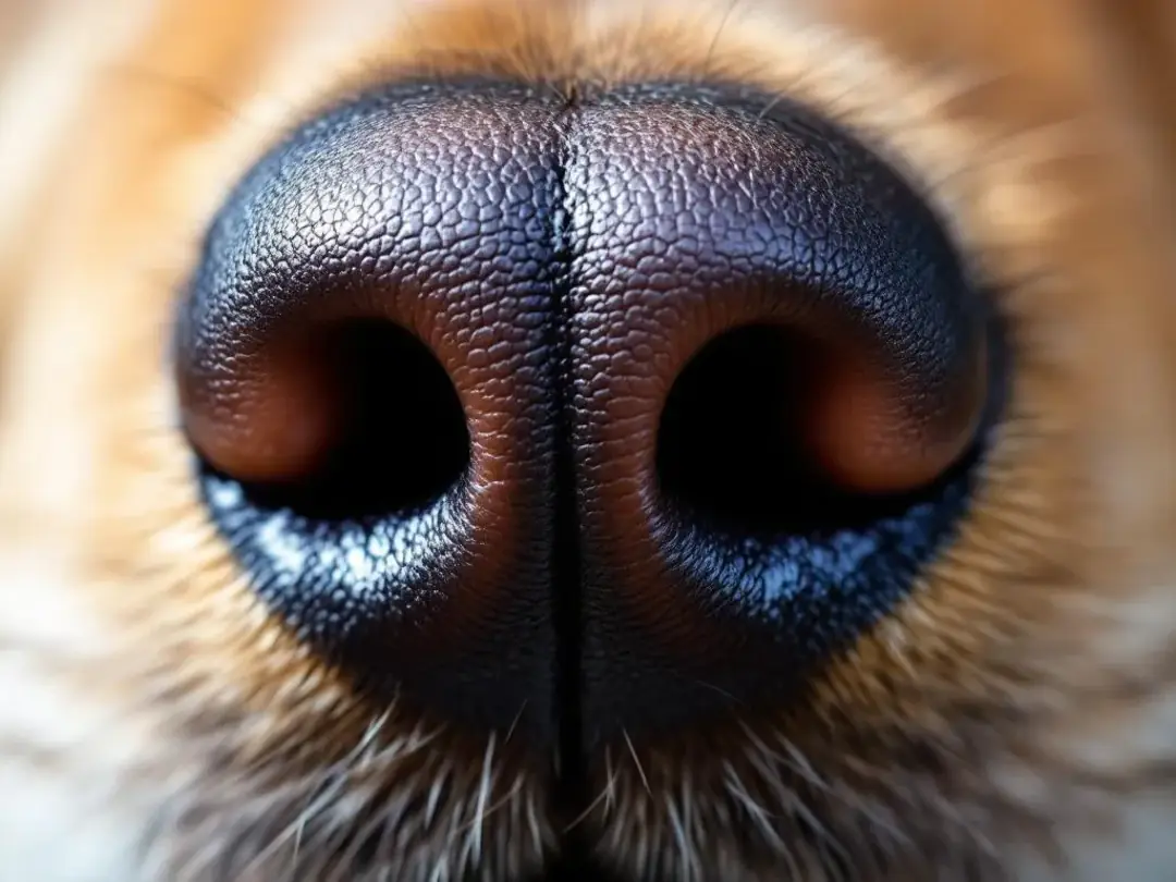 A close-up view of a dog's nose highlights the intricate details of its scent detection system, showcasing the...