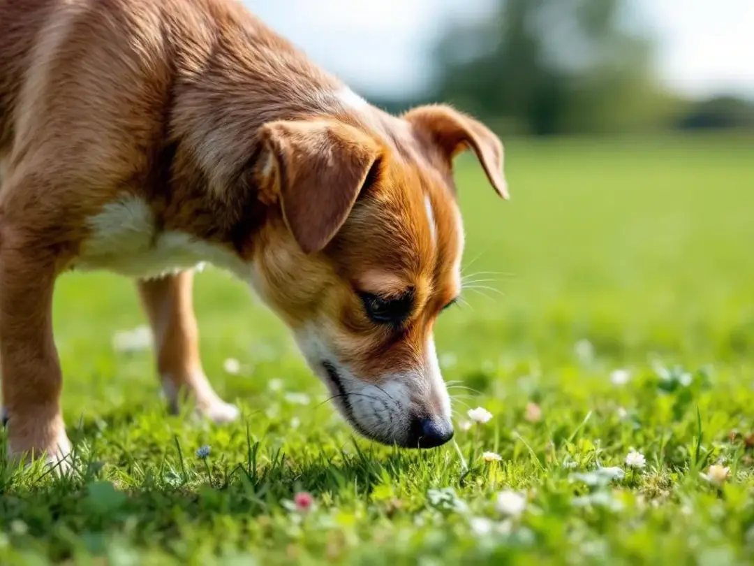 A small terrier dog is sniffing around in a grassy area, carefully examining various spots to gather information about...