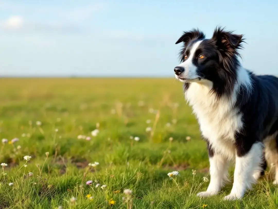 A border collie stands alert in an open field, showcasing its natural positioning behavior as it sniffs the grass...