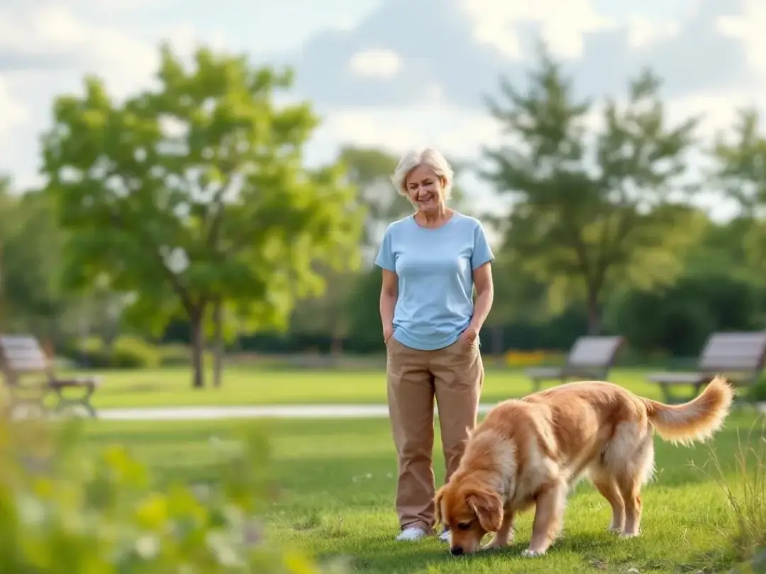 In a serene park setting, a patient dog owner stands calmly while their dog sniffs around various spots, gathering...