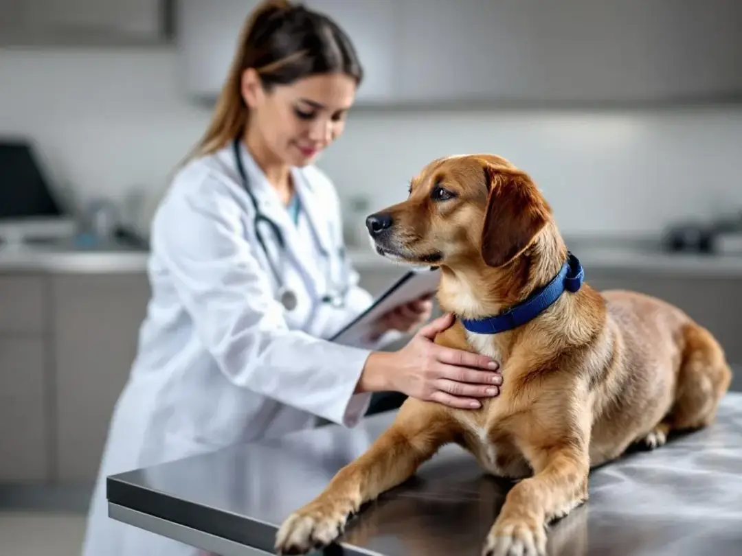 A female dog is being examined by a veterinarian, who is checking her health and behavior. The vet is attentive...
