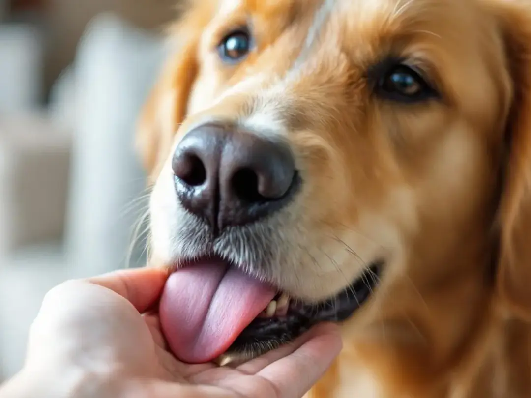 A happy dog is affectionately licking its owner's face while they sit together on a couch, showcasing their bond and...