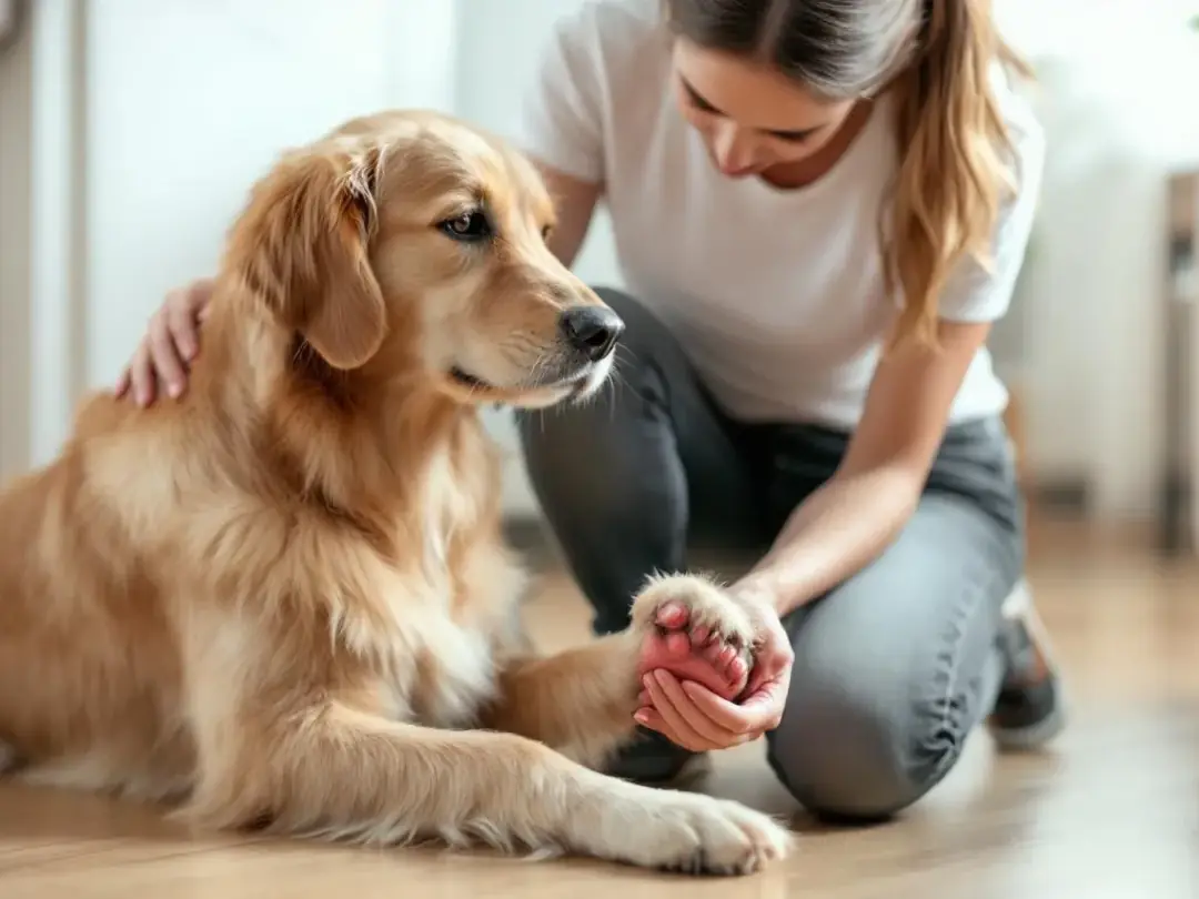 The image depicts a calm dog sitting patiently while its owner carefully examines the dog's paw, looking for signs of...