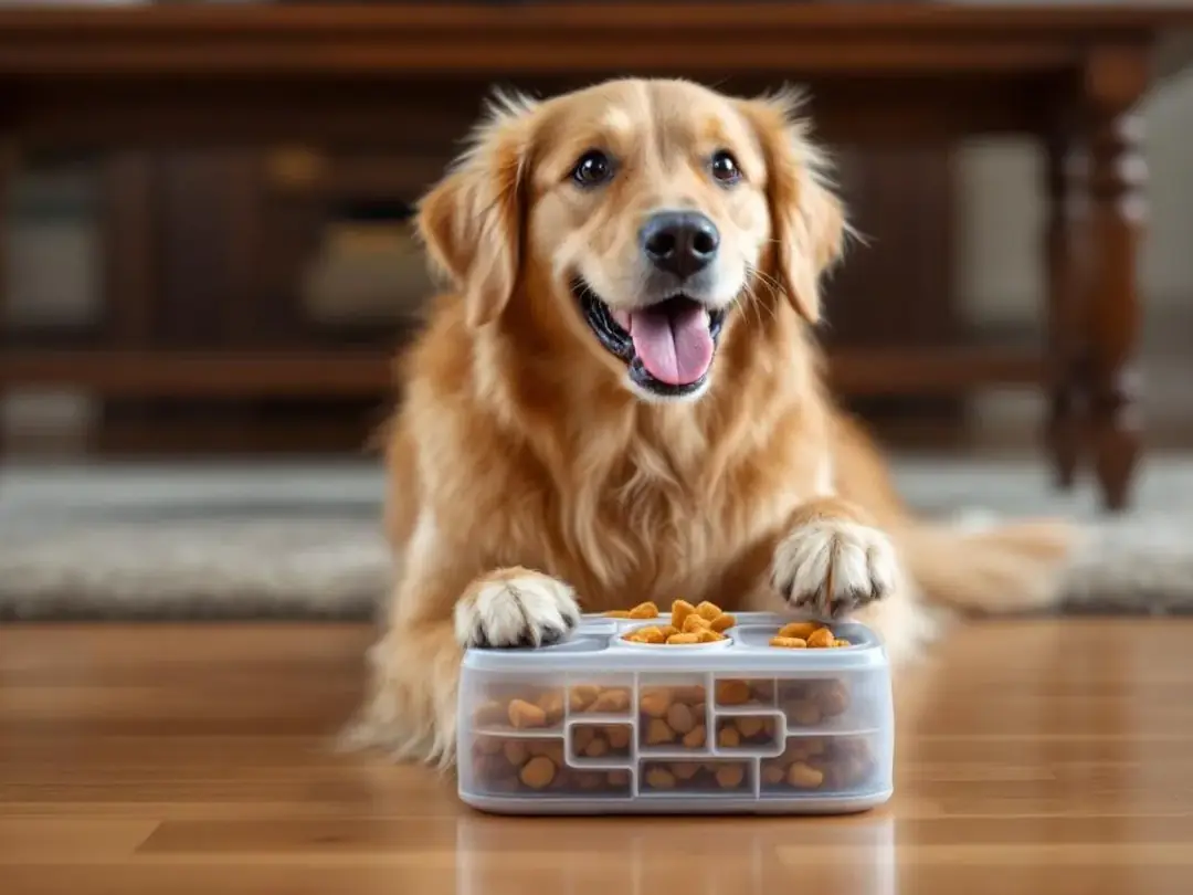 A happy dog is engaged with a colorful puzzle toy filled with treats, using its nose and paws to figure out how to...