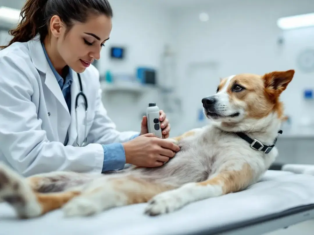 A veterinarian is examining a dog's hip joints during a thorough physical exam, checking for signs of hip dysplasia or...