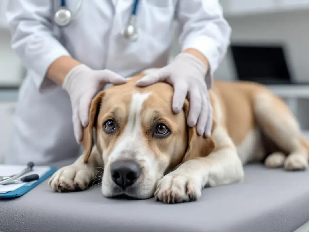 A veterinarian is closely examining a dog for neurological symptoms, paying special attention to any unusual behaviors...